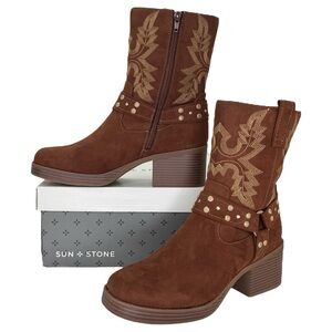 Sun + Stone Norahh Brown Microsuede Embroidered Womens Ankle Boots Size 10M